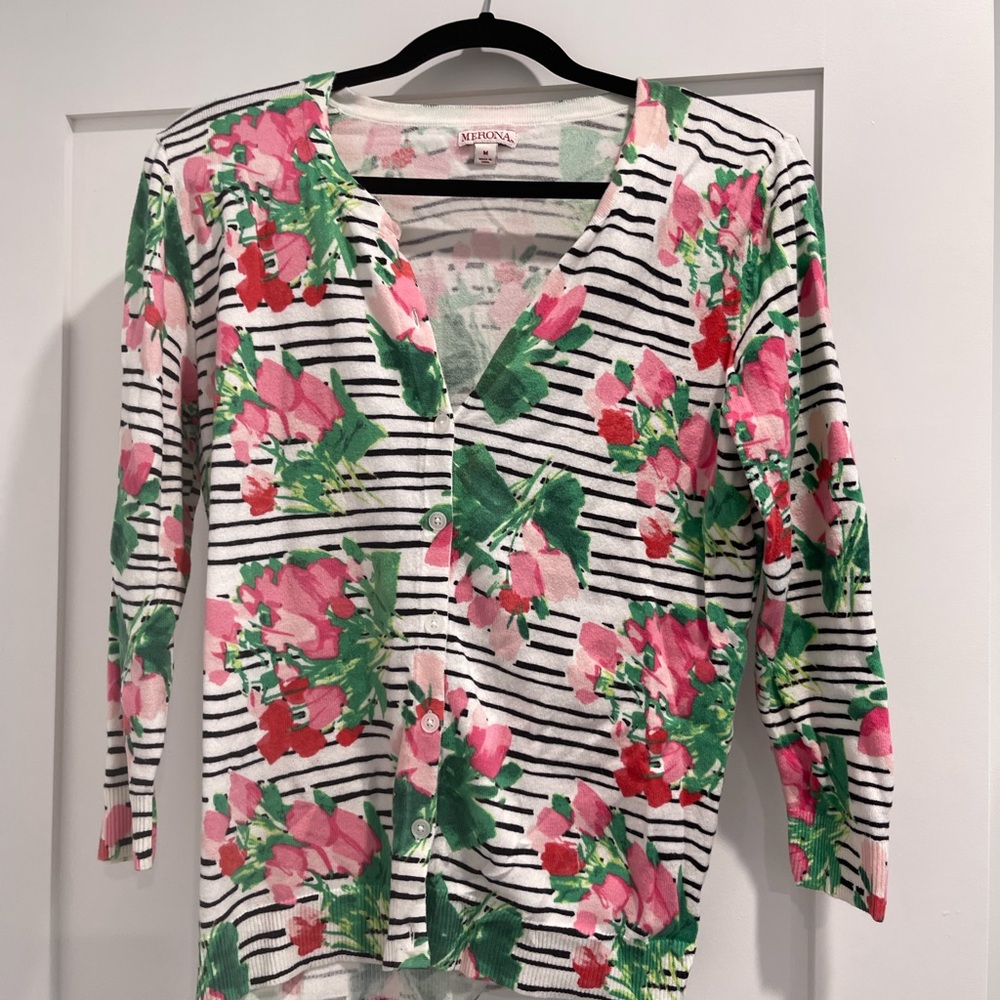 Merona Vintage Floral Striped Women's Top - Pink and Green size M